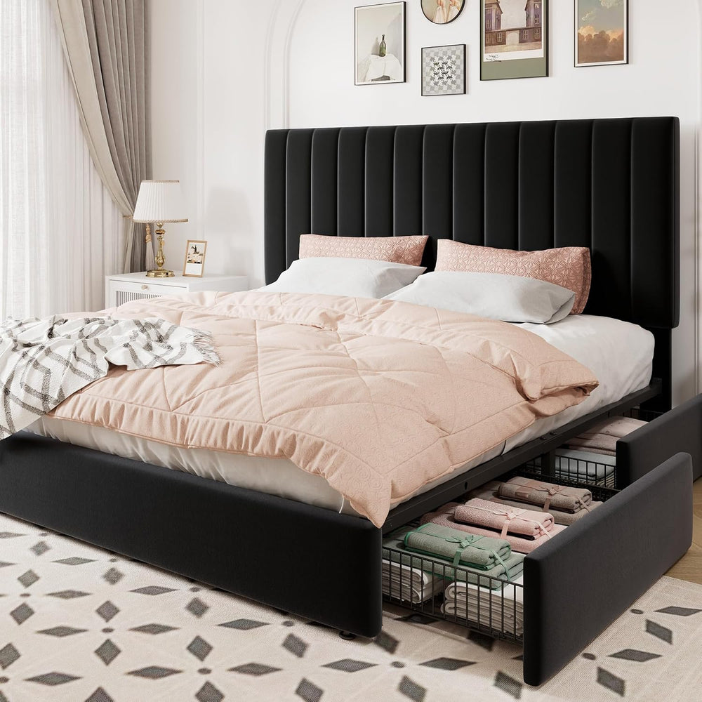 Allewie King Size Storage Bed Frame, Vertical Channel Tufted Adjustable Headb...