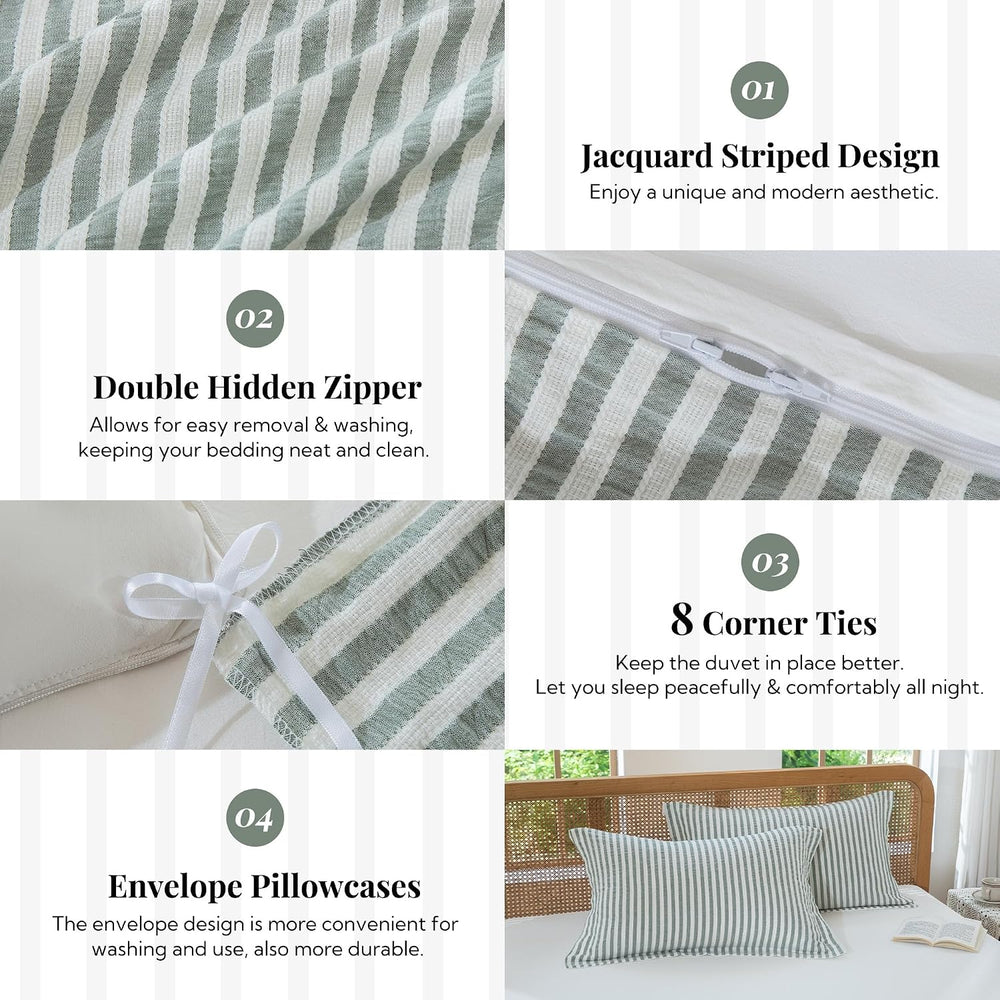MILDLY Jacquard Striped Duvet Cover Set 3pcs Dual Zipper Sage Queen