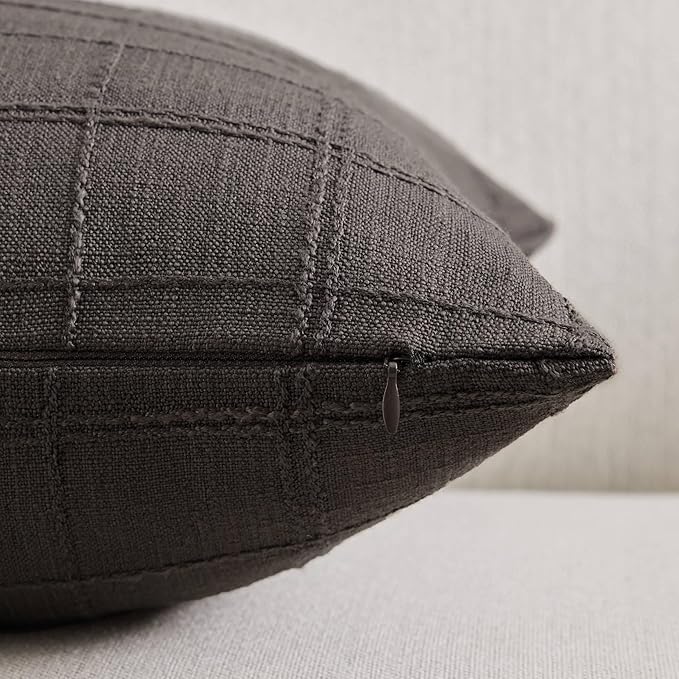 ZeeMart Linen Checked Throw Pillow Covers Set of 2, 16x16 Inch Allover Grid - Image 2