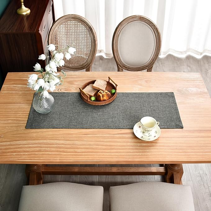 NEWISHER Farmhouse Rustic Table Runner Dark Grey Rectangular Table Runners Faux - Image 4