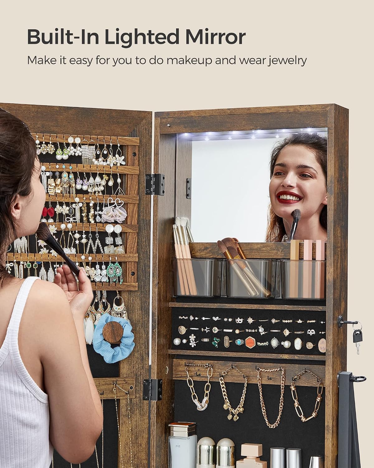 songmics led mirror jewelry cabinet armoire, freestanding lockable showing dimensions