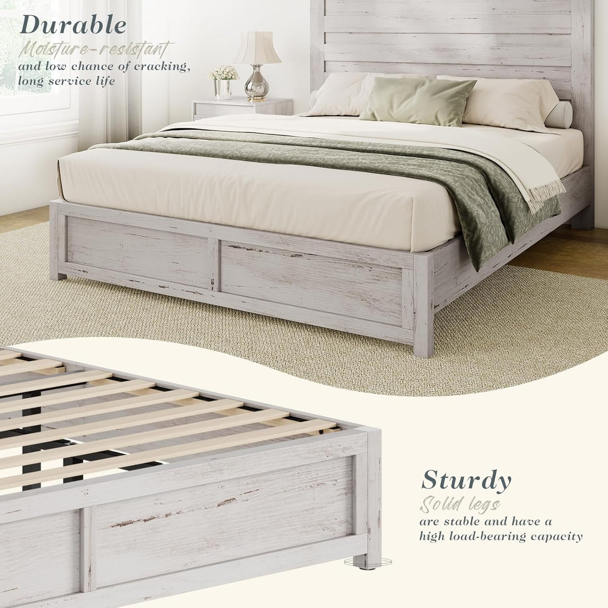albott farmhouse queen platform bed with 49" headboard, side view