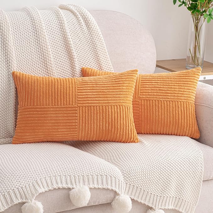 HWY 50 Orange Corduroy Patchwork Throw Pillow Covers 12x20 Inch Rectangle by HWY50