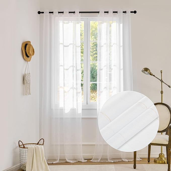 Foil Stripe White Sheer Curtains 96 inches Length 2 Panels by MISSTIAM