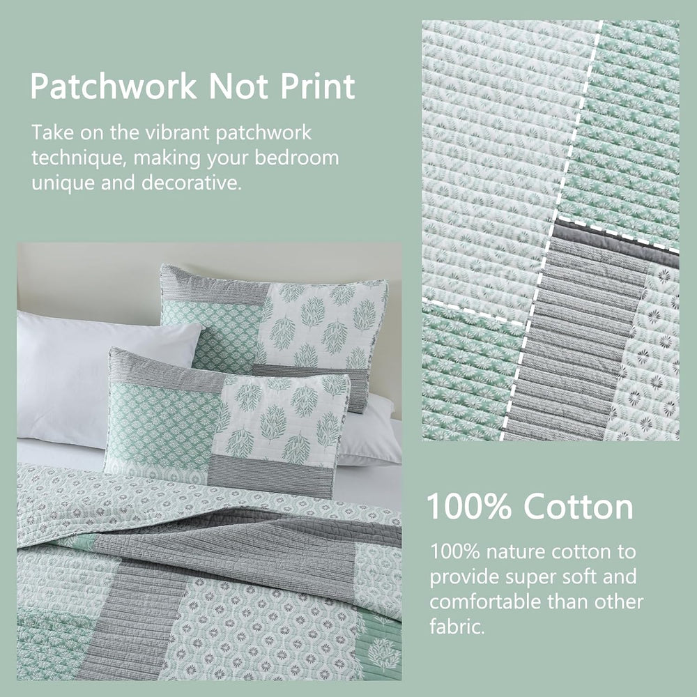 Finlonte Quilts Queen Size, 100% Cotton Queen Comforter Set, Green Grey Farmh...