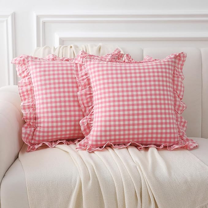2 Pack Coral Pink White Plaid Ruffle Gingham Throw Pillow Covers, 100% Washed by KMASANIJI