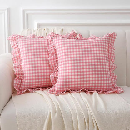 2 Pack Coral Pink White Plaid Ruffle Gingham Throw Pillow Covers, 100% Washed by KMASANIJI