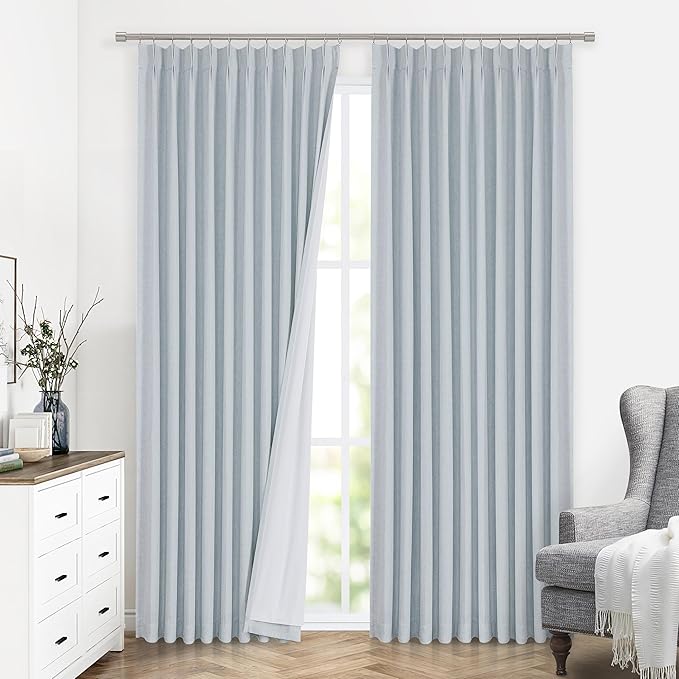 Vision Home Blue Fog Pinch Pleated Full Blackout Curtains Linen Blended Room - Image 2