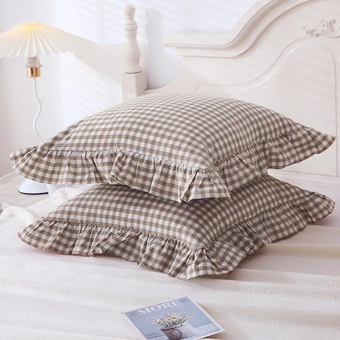 Taupe Plaid Ruffle Decorative Throw Pillow Covers - Image 4