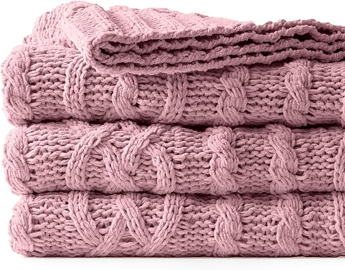Battilo Pink Throw Blanket for Couch, Cable Knit Blanket, Soft Chenille Throw - Image 2