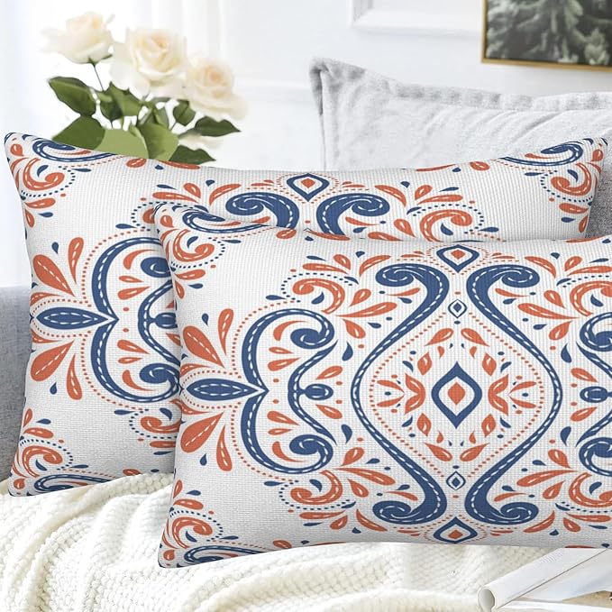 Throw Pillow Covers Blue and Orange Floral Pillow Covers 20x12 Inch Set of 2 - Image 4