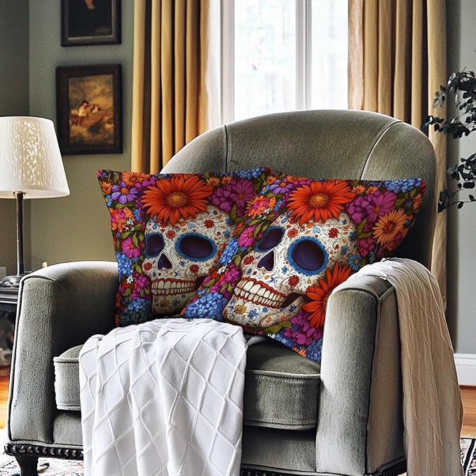 Day of The Dead Skull Throw Pillow Covers 18x18 Set of 2 | Sugar Skull - Image 2