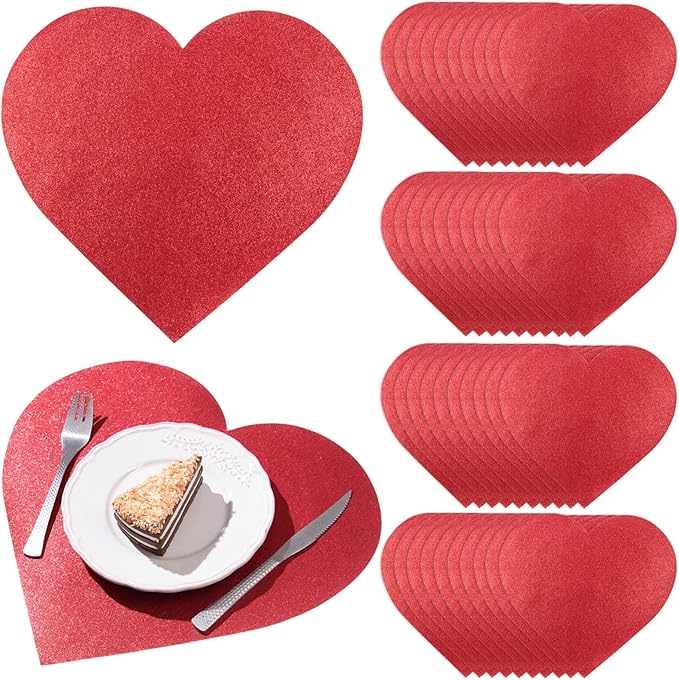 MixTeach 60 Pack Valentine's Day Glitter Heart Placemats Red Sparkle Paper by MixTeach