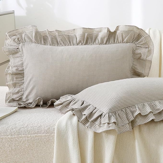 Aryeleay 2 Pack Brown White Plaid Gingham Ruffle Pillow Shams, 100% Washed by Aryeleay