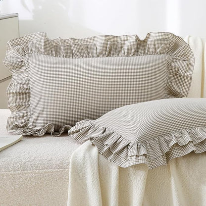 Aryeleay 2 Pack Brown White Plaid Gingham Ruffle Pillow Shams, 100% Washed by Aryeleay