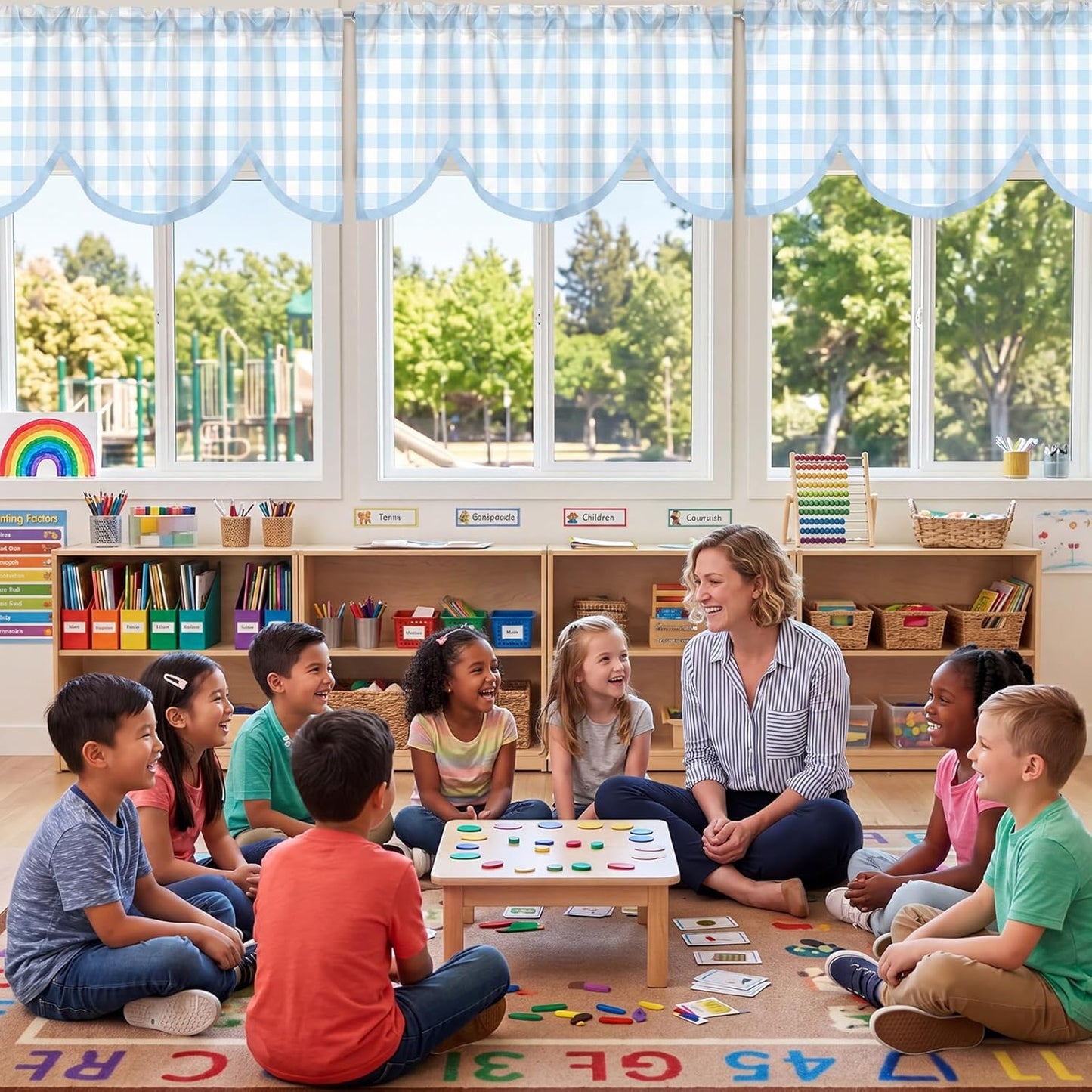 Hahafelt 4 Pcs Classroom Curtains Pastel Blue Gingham Window Valances Curtains 54" W x 18" L Simple Rod Pocket Back to School Window Treatment for Classroom Living Room Bedroom Kitchen