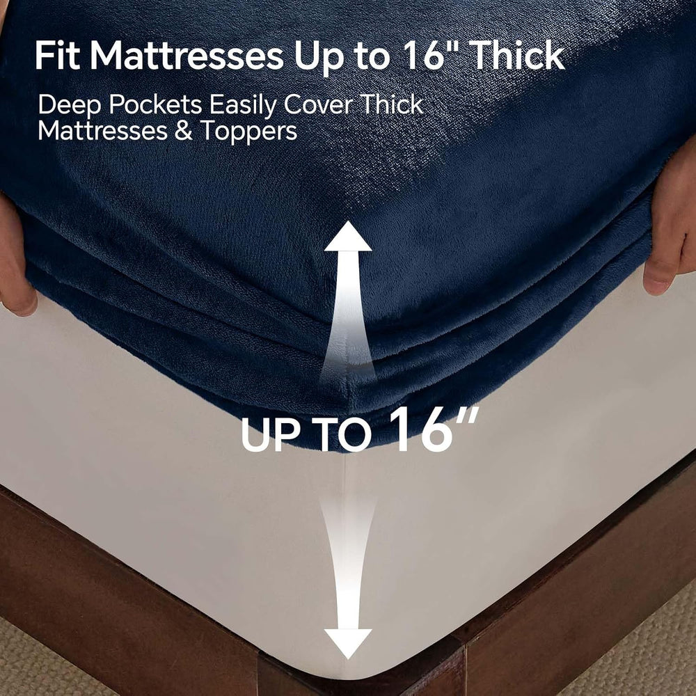 BEDELITE Fleece Queen Fitted Sheet & Pillowcases Set, Navy, 3 Pieces