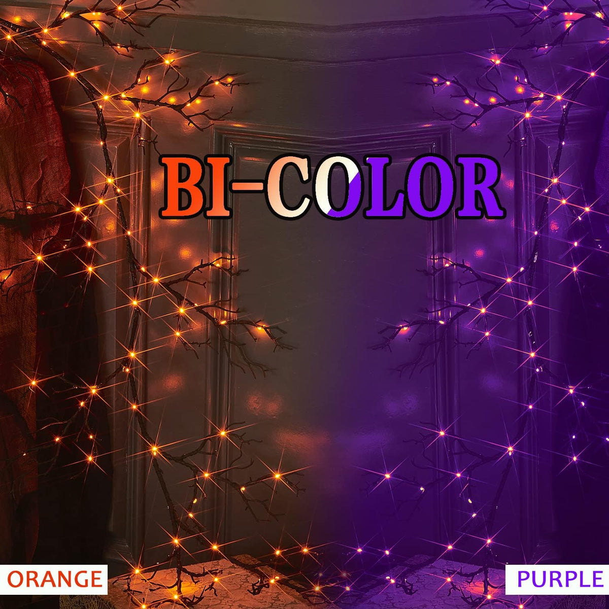Fudios Lighted Halloween Garland with 120 Orange and Purple LED Fairy Lights for Mantle, Halloween Black Garland with Lights 8 Functios Battery Operated 6FT Indoor Outdoor Home Wall Decoration