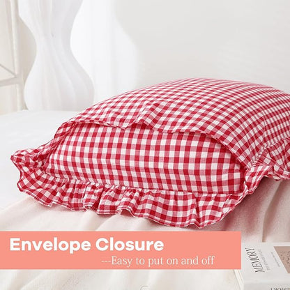2 Pack Red White Plaid Ruffle Gingham Euro Pillow Sham Coverss, 100% Washed - Image 6