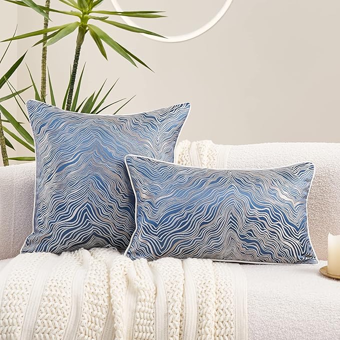 Avigers 12 x 20 Inch Rectangle Blue Silver Gold Abstract Striped Embroidery - Image 6