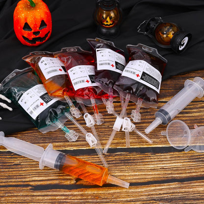 tchrules 54 Pcs Blood Bags for Drinks Halloween Party Decorations, Reusable Blood Bag Drink Pouches with Syringe & Funnel, Food-Grade IV Bags for Drinks, Vampire Nurse Party Favors Decorations