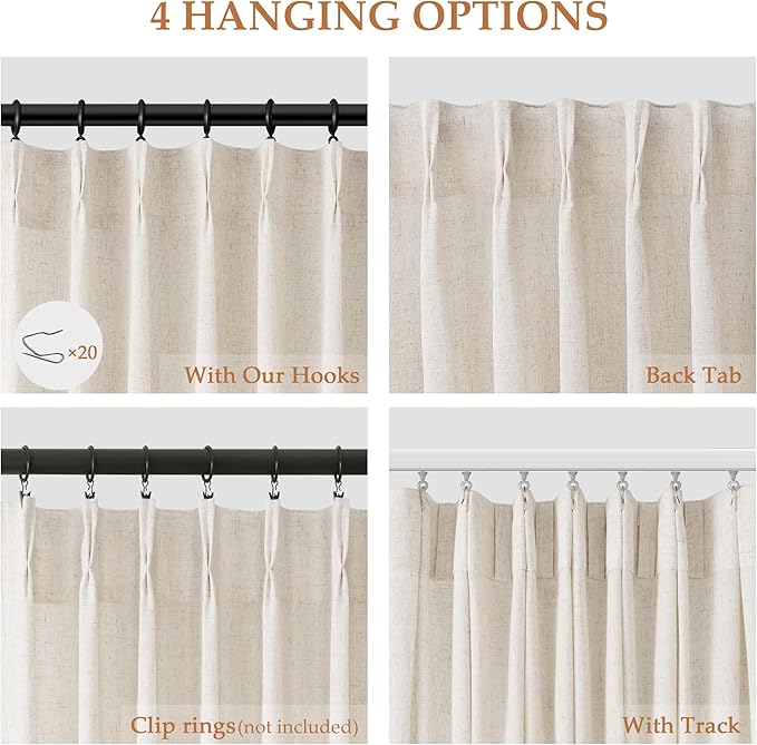 Natural Cream Linen Pinch Pleated Window Curtains 63 Inch Long Pinch Pleat Back - Image 2