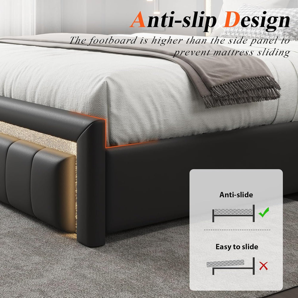 Full Bed Frame with Charging Station, Storage Drawers, Upholstered Black