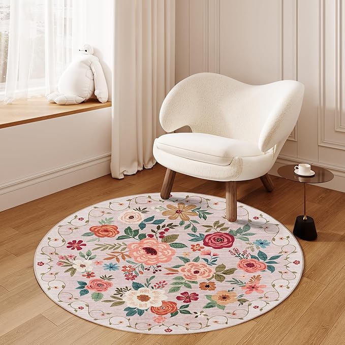 DUKINO Floral Round Rug, 4ft Washable Round Area Rug, Non Slip Indoor Low Pile - Image 5