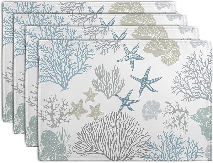 Summer Linen Placemats Set of 4 Nautical Coastal Theme Washable Non-Slip Heat by Wnoesat