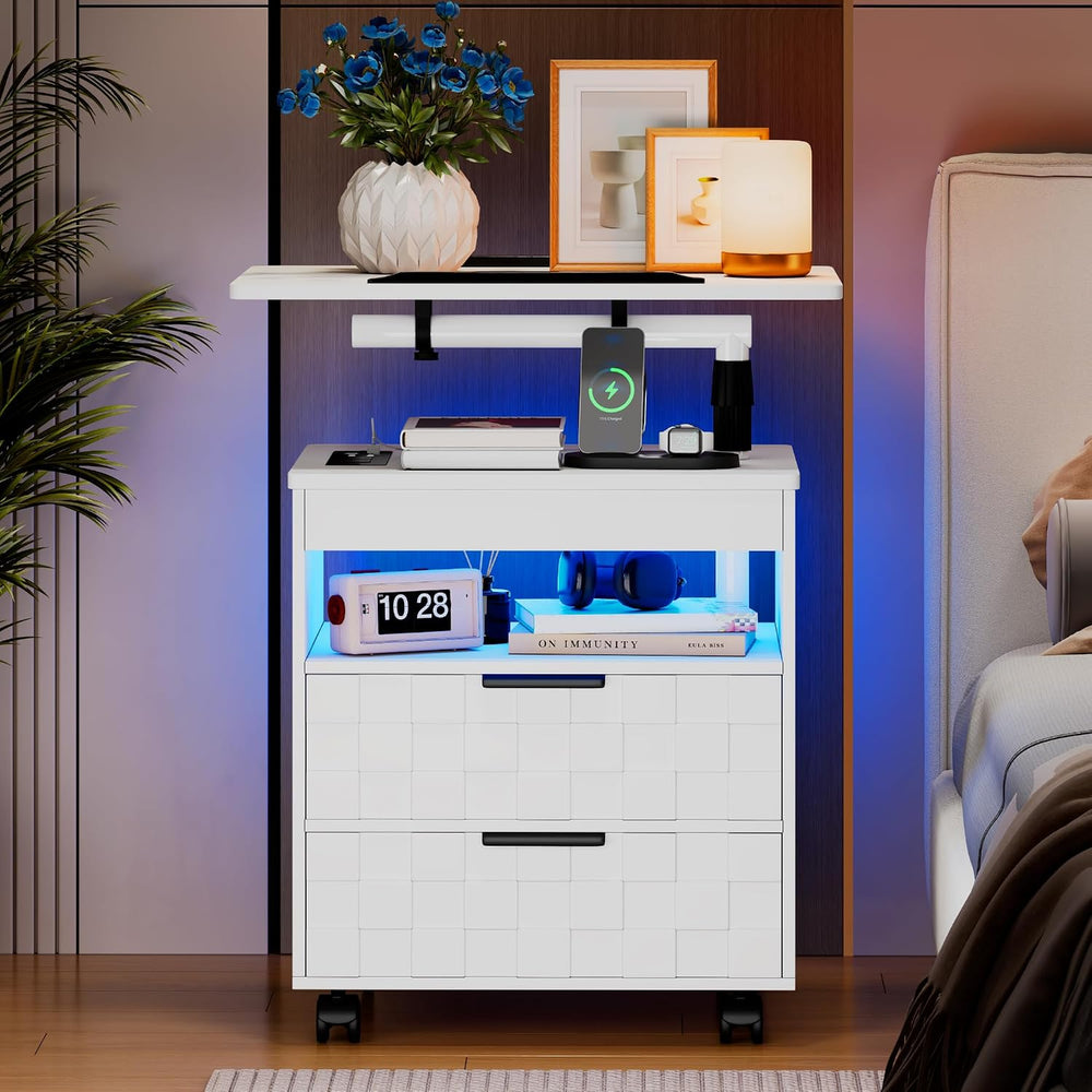 Lareth Rolling Nightstand with Wheels, LED Lights, Charging Station