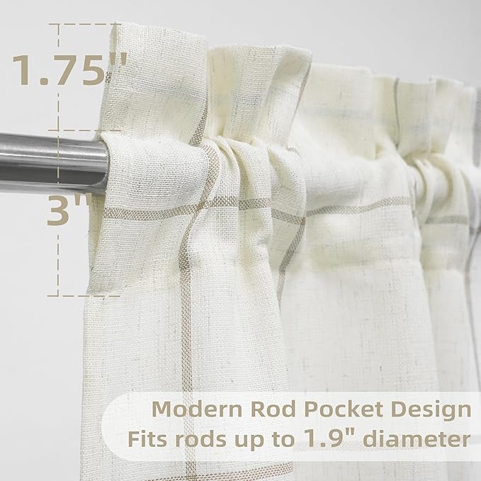 DriftAway Kitchen Curtains Striped Tier Linen Short Curtains Windowpane Plaid - Image 4