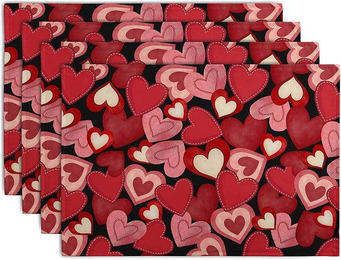 Valentines Day Love Hearts Placemats Set of 4 Valentine Red Black Heart Linen by Wnoesat