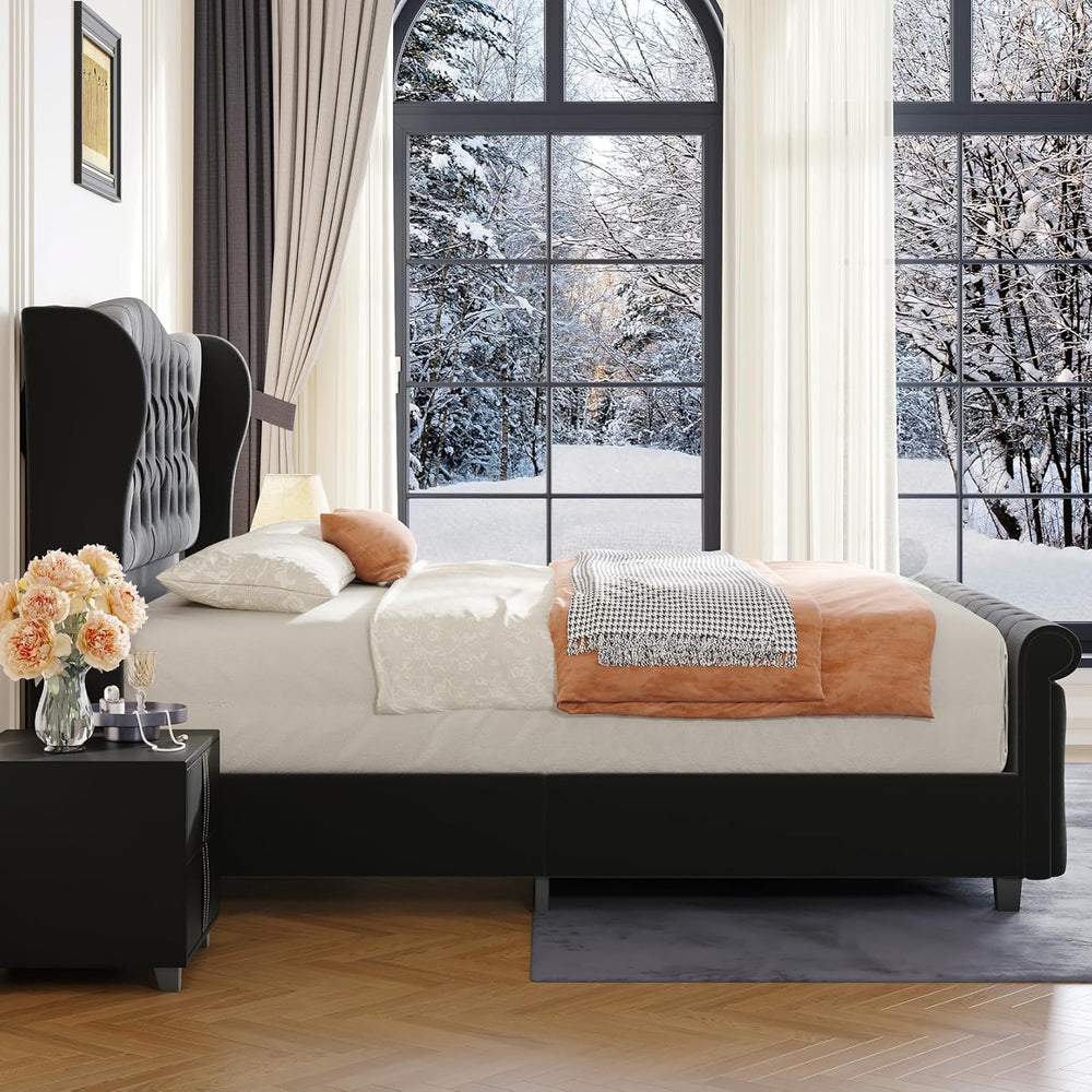 koorlian Queen Bed Frame Upholstered Wingback Headboard Sleigh Footboard