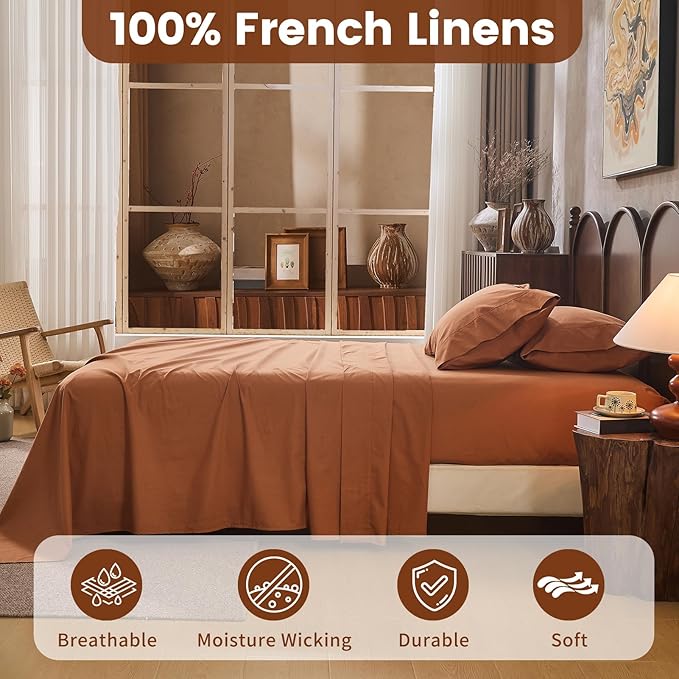 100% Linen Sheets California King Size, Breathable & Durable 4-Piece Bed Flax - Image 2