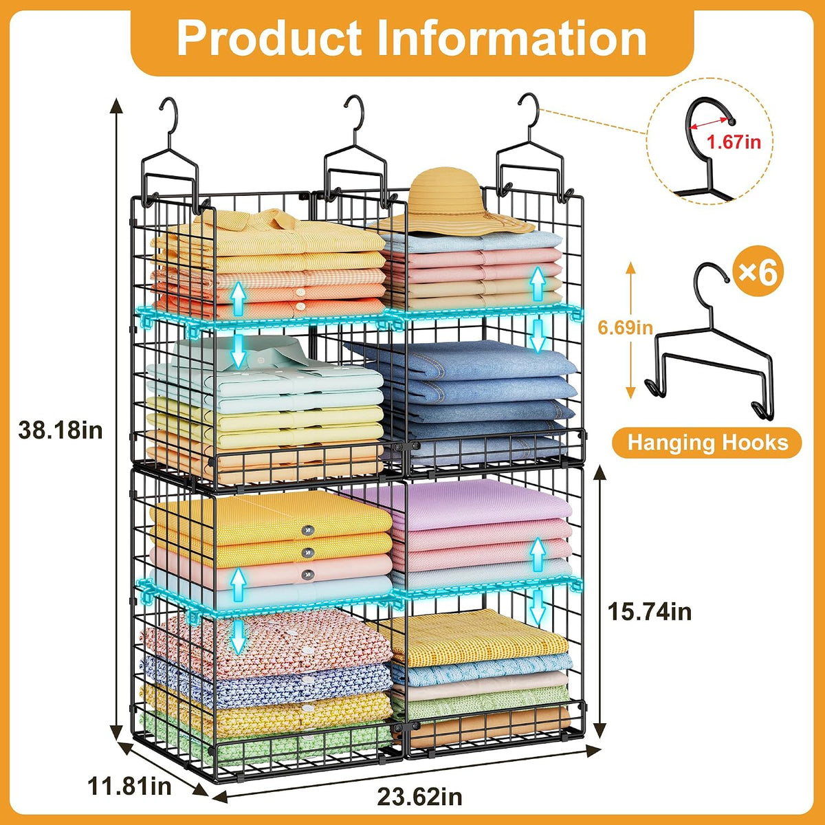 hanging closet organizer with diy spacing, double-row closet, view 9