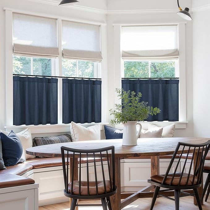 Navy Blue Cafe Tier Curtains 36 Inch Length 2 Panel Pinch Pleated Hooks Semi - Image 5