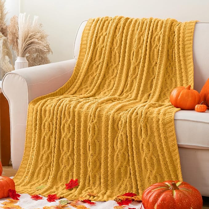 Battilo Mustard Yellow Throw Blanket 51"x67" Chenille Knitted Throw Blanket - Image 3