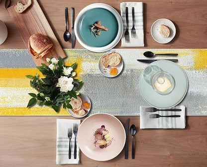 Emvency Yellow Abstract Table Runner, Modern Grey White Art Painting - Image 3