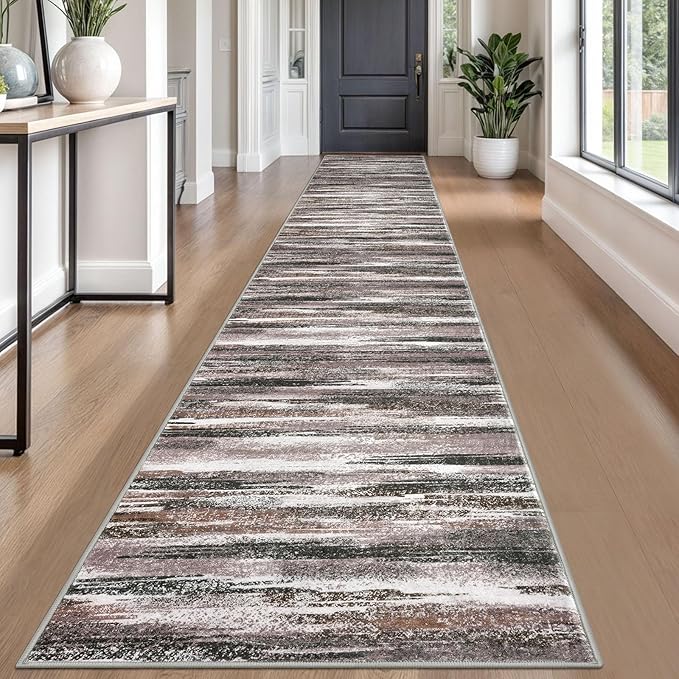 Modern Abstract Runner Rug 2.6x18, Dark Light Brown White Washable Long Kitchen by lansny