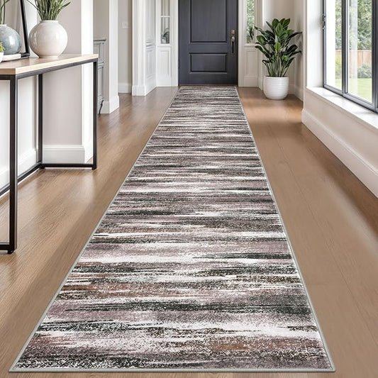 Modern Abstract Runner Rug 2.6x18, Dark Light Brown White Washable Long Kitchen by lansny