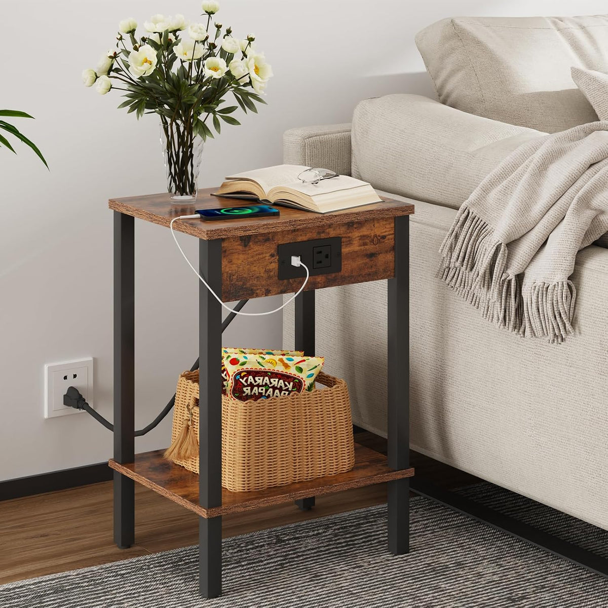 vimber side table with charging station, set of, side view