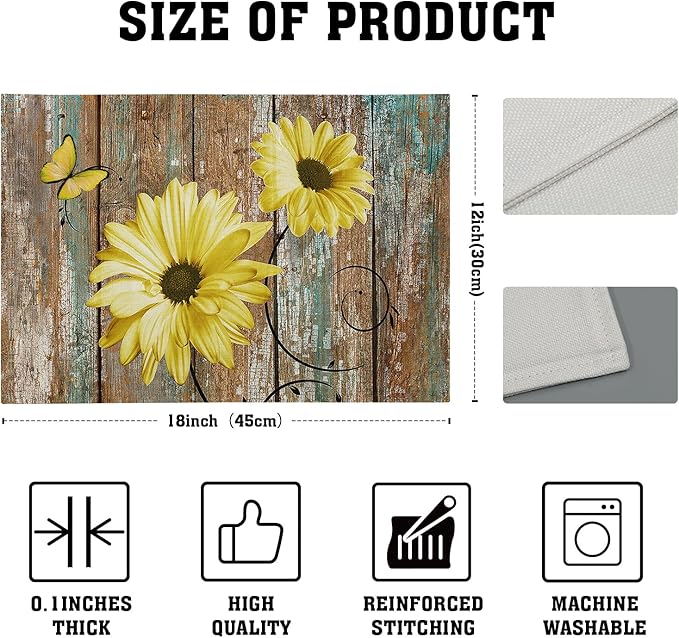 Giwawa Rustic Daisy Placemats Set of 4- Yellow Sunflowers Vintage Wood Board - Image 4