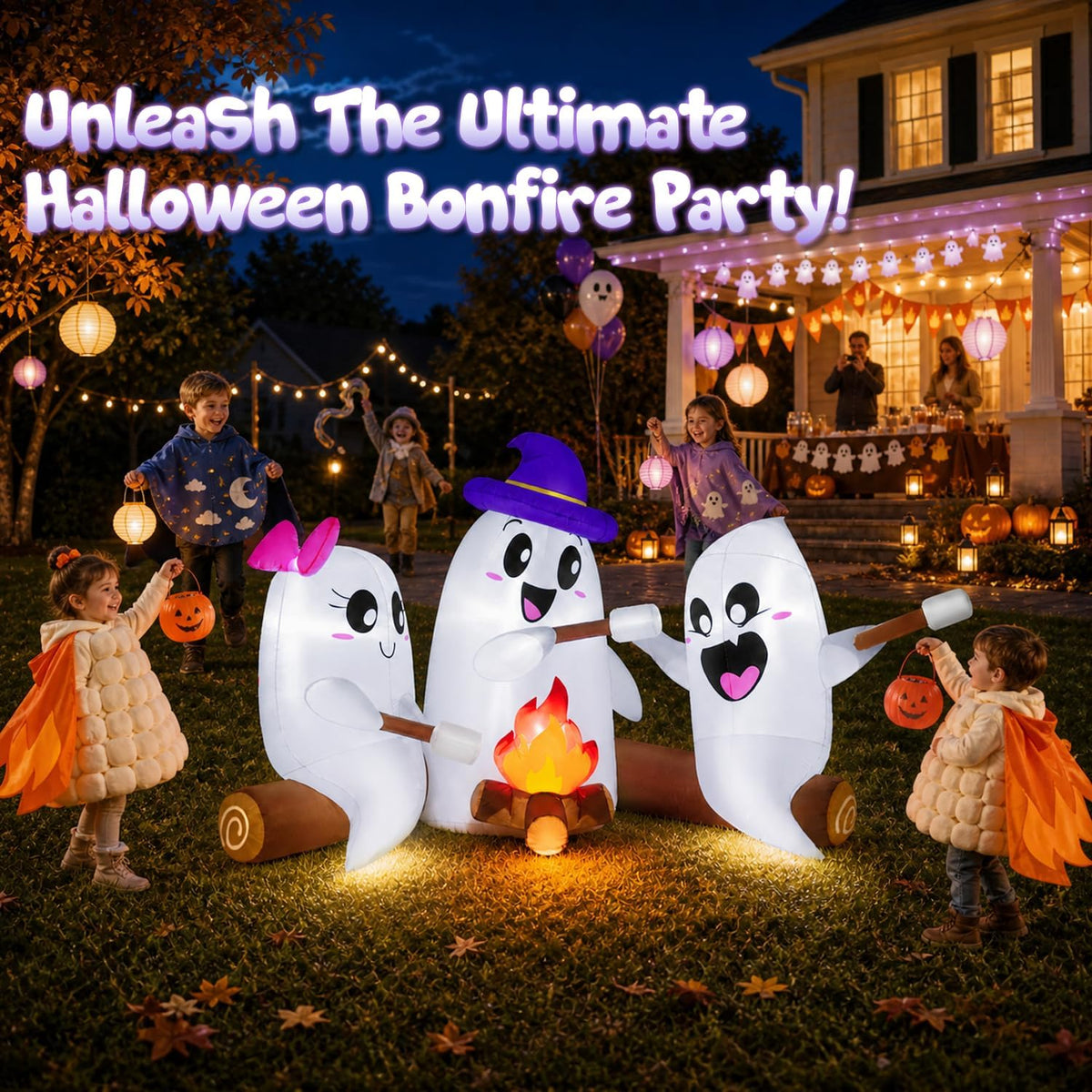 zukakii 6FT Long Halloween Inflatables Decorations Outdoor Campfire Ghosts Adorable Halloween Blow up Yard Decoration Blowup Cute 3 Ghosts Roasting Marshmallows Over Campfire Built-in LEDs Party Lawn