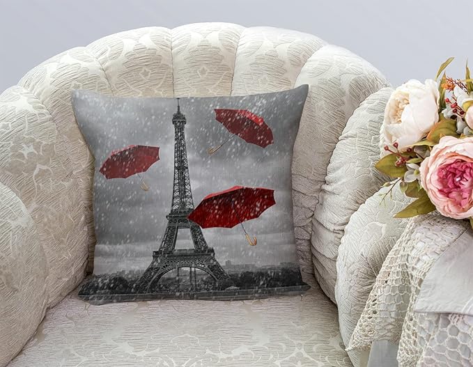 TSSOHU Paris Eiffel Tower Throw Pillow Cover, Raining Red Umbrella European - Image 3