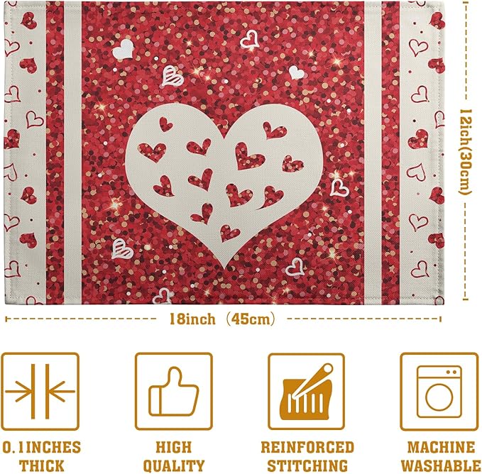 Valentine Hearts Placemats Set of 4, 12x18 Inch Red White Love Heart Linen - Image 4