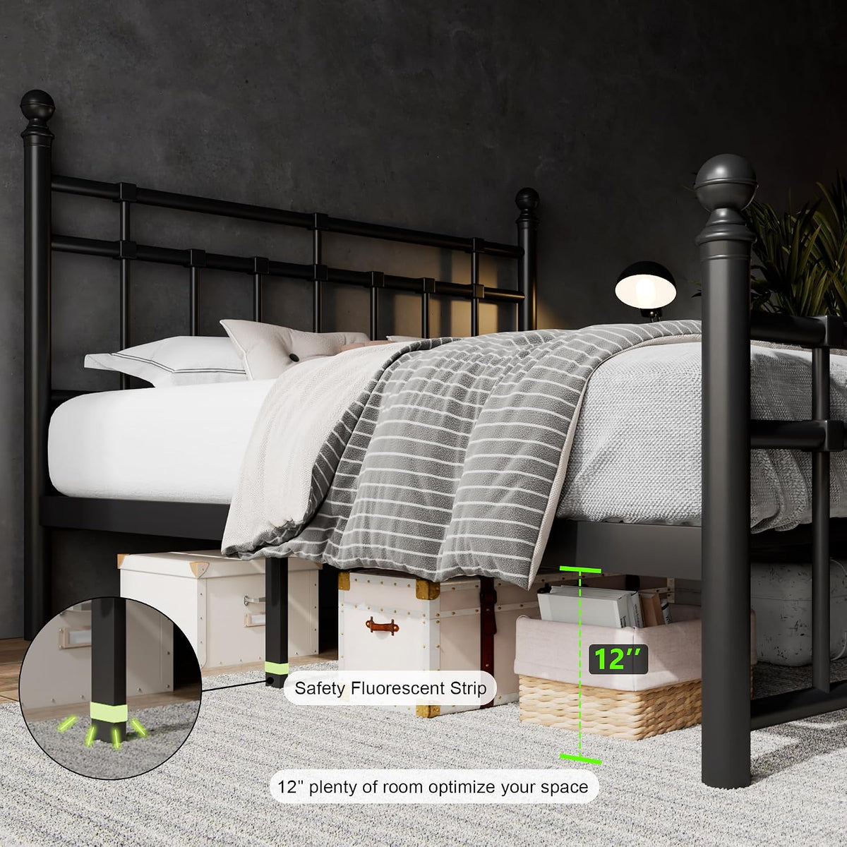 feonase queen metal platform bed frame with victorian showing dimensions