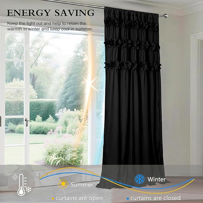 Black Blackout Curtains with Handmade Ruffles, Butterfly Flower Embellishments - Image 4