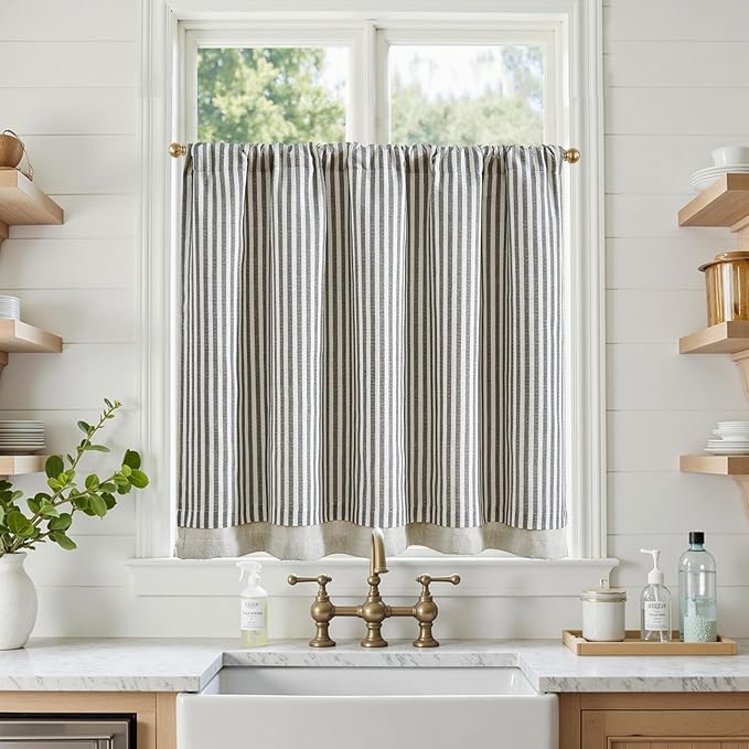 jinchan Double Layer Striped Linen Kitchen Tier Curtain Rustic Cafe - Image 2