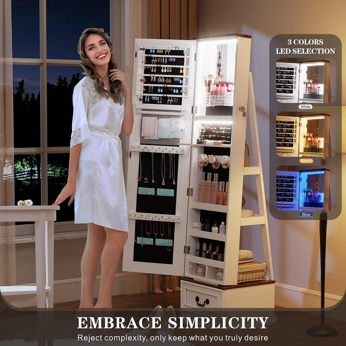 tagelier jewelry cabinet with full length mirror, lockable showing dimensions