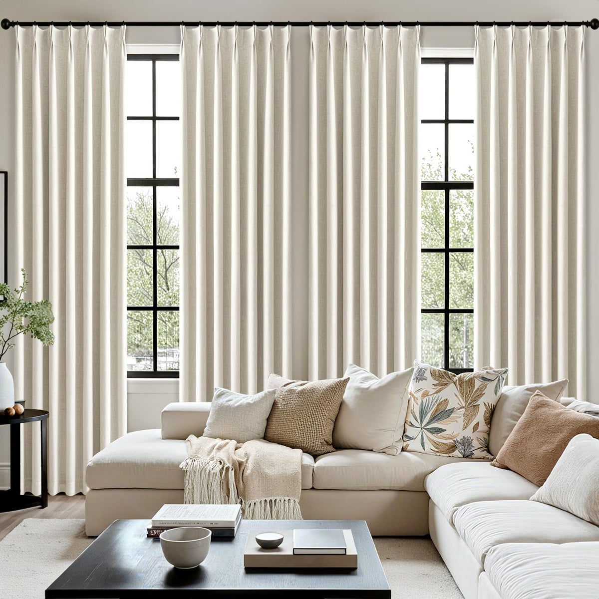 miulee natural pinch pleated 100% blackout linen curtains on a desk or shelf